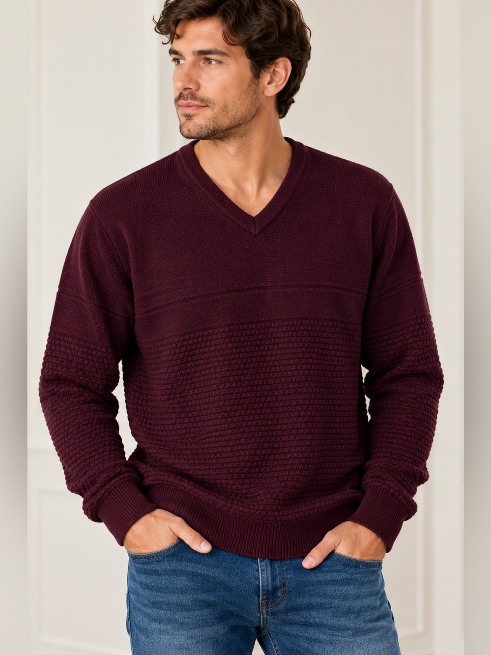 Goodfellow & Co Men’s Burgundy V-Neck Textured Knit Sweater Size L